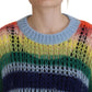 Multicolor Knitted Mohair Crewneck Pullover Sweater