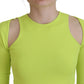 Yellow Green Viscose Open Shoulder Long Sleeves Top