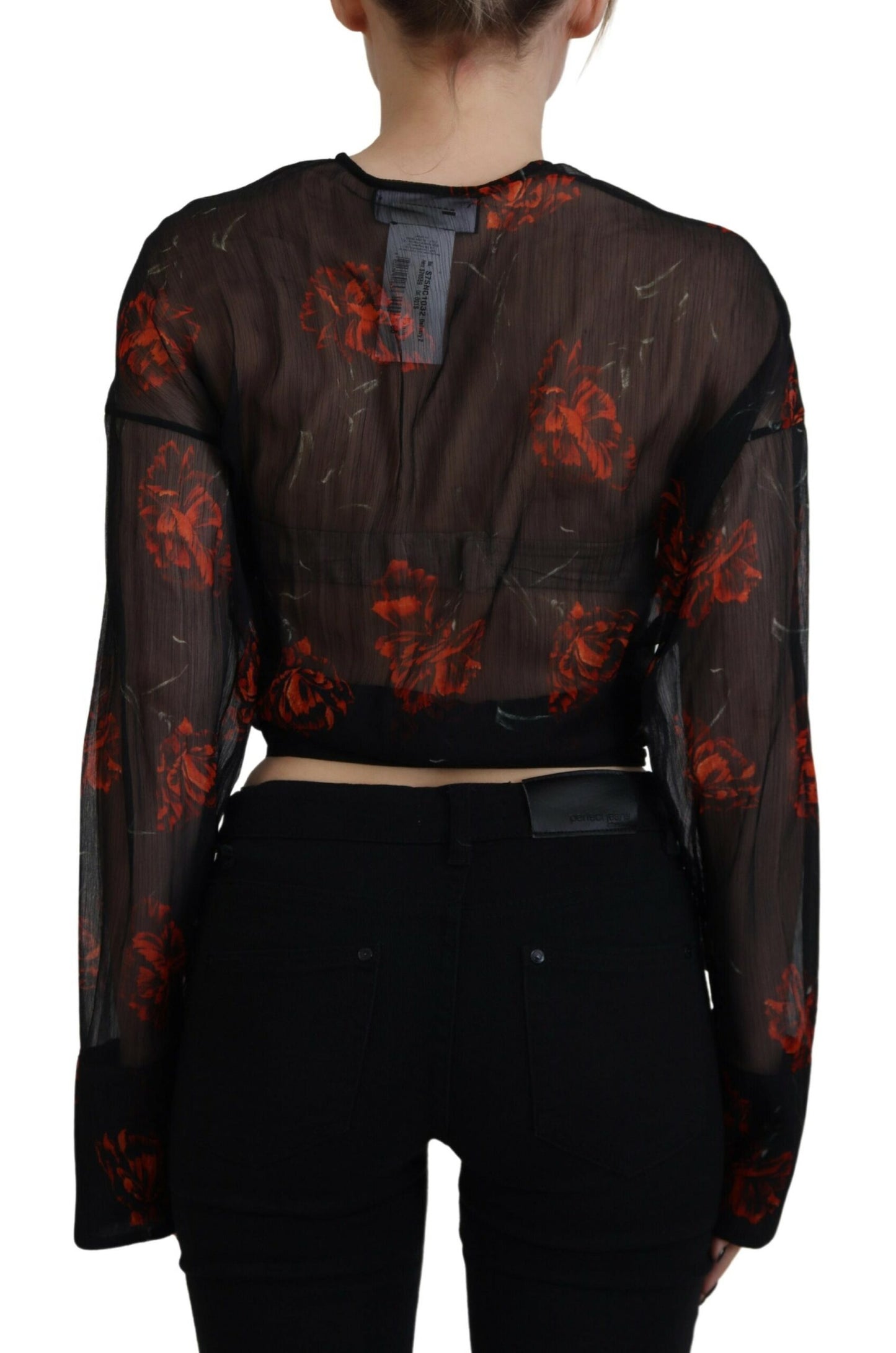 Black Floral Print Cropped Wrap Long Sleeves Top