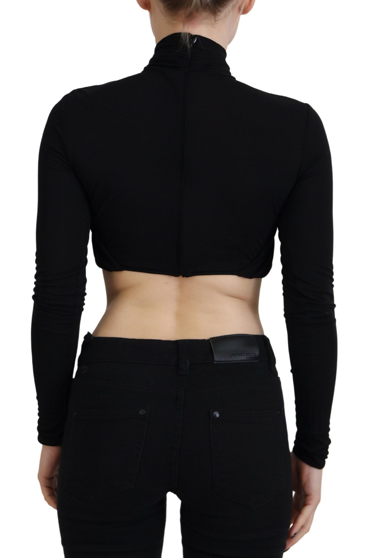 Black Cut Out Viscose Cropped Long Sleeves Top