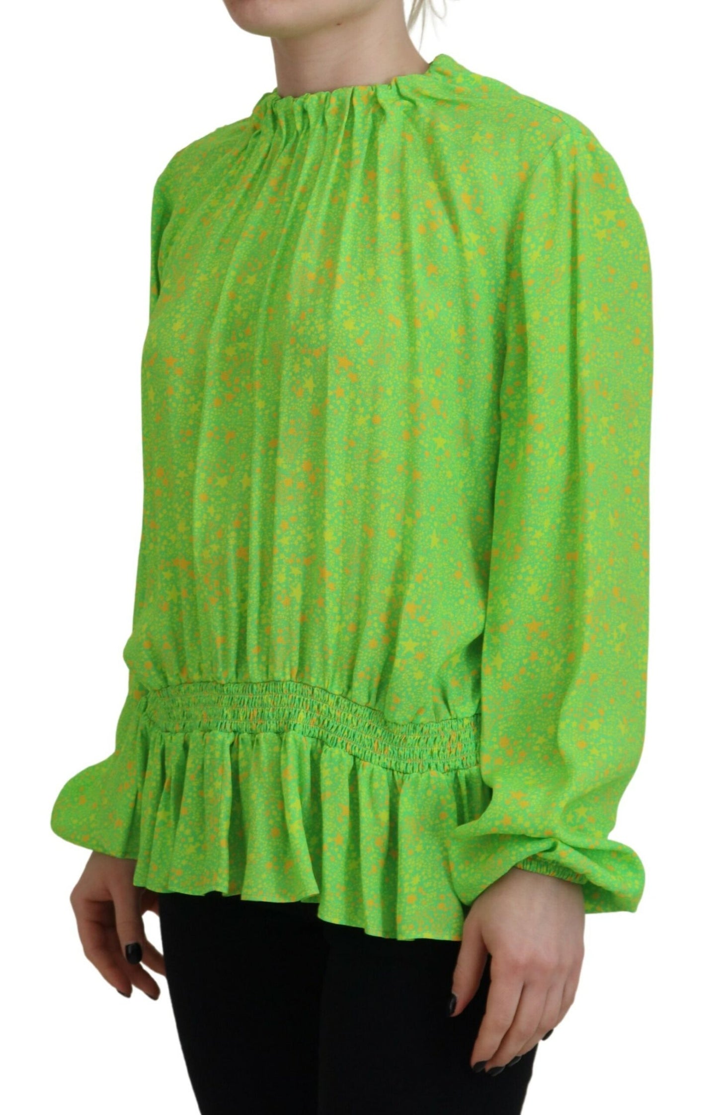 Green Stars Print Viscose Long Sleeves Blouse Top