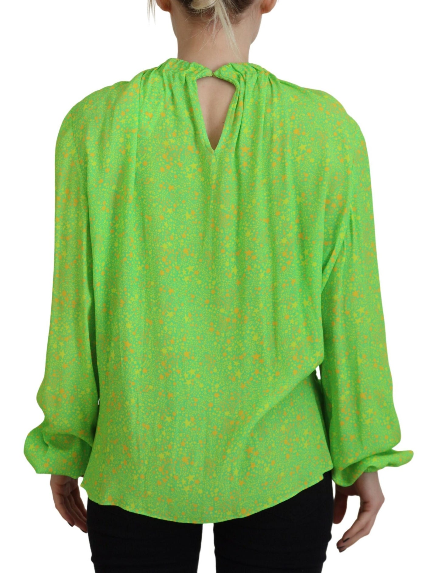 Green Stars Print Viscose Long Sleeves Blouse Top