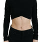 Black Viscose Cropped Round Neck Long Sleeves Top