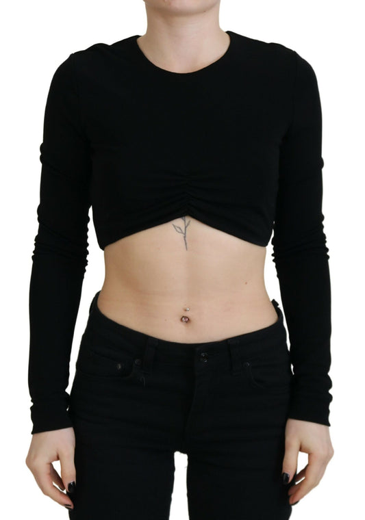 Black Viscose Cropped Round Neck Long Sleeves Top