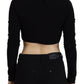 Black Viscose Cropped Round Neck Long Sleeves Top