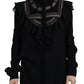 Black Lace Trim Turtle Neck Long Sleeves Top