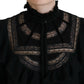 Black Lace Trim Turtle Neck Long Sleeves Top