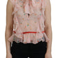 Pink Floral Print Silk Sleeveless Ascot Collar Top