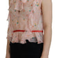 Pink Floral Print Silk Sleeveless Ascot Collar Top