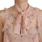 Pink Floral Print Silk Sleeveless Ascot Collar Top