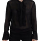 Black Viscose Long Sleeves See Through Blouse Top