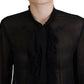 Black Viscose Long Sleeves See Through Blouse Top