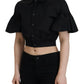 Black Collared Button Down Short Sleeve Cropped Top