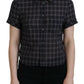 Black Checkered Collared Button Short Sleeves Top