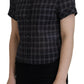 Black Checkered Collared Button Short Sleeves Top