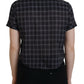 Black Checkered Collared Button Short Sleeves Top