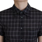 Black Checkered Collared Button Short Sleeves Top