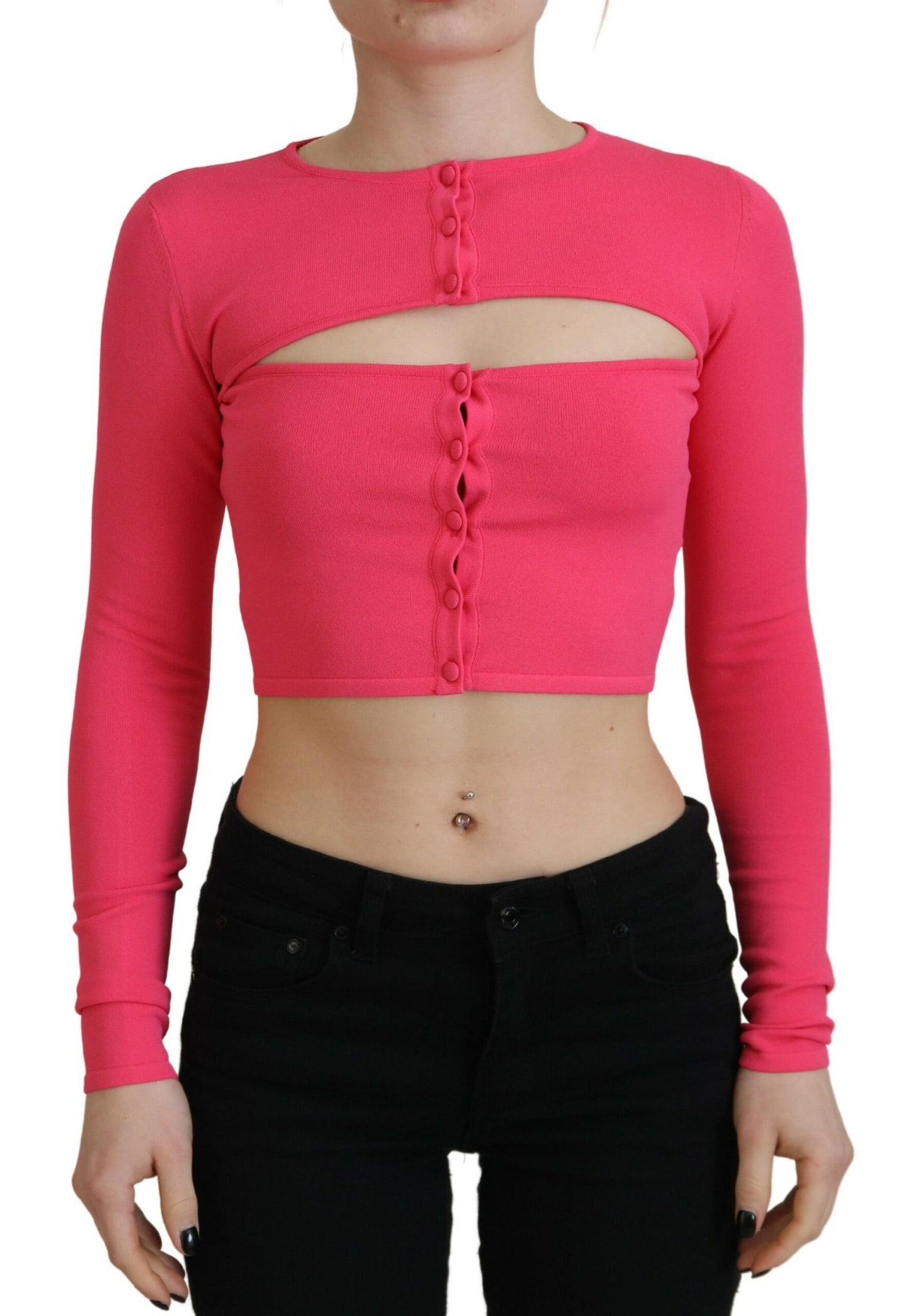 Pink Viscose Knit Open Chest Long Sleeves Top