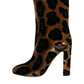 Brown Giraffe Leather Mid Calf Boots Shoes