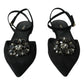 Black Leather Crystal Slingback Sandals Shoes