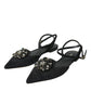 Black Leather Crystal Slingback Sandals Shoes