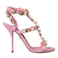 Pink Leather Embellished Heels Sandals Shoes