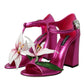 Pink Leather Crystals Floral Sandals Shoes