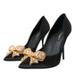 Black Satin Bow Crystal Heels Pumps Shoes