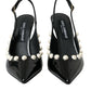 Black Leather Faux Pearl Heel Slingback Shoes