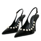 Black Leather Faux Pearl Heel Slingback Shoes