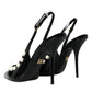 Black Leather Faux Pearl Heel Slingback Shoes