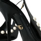 Black Leather Faux Pearl Heel Slingback Shoes