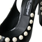 Black Leather Faux Pearl Heel Slingback Shoes