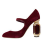 Red Velvet Gold Crystals Heels Mary Jane Shoes