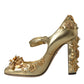 Gold Leather Crystal Mary Janes Pumps Shoes