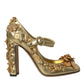 Gold Leather Crystal Mary Janes Pumps Shoes