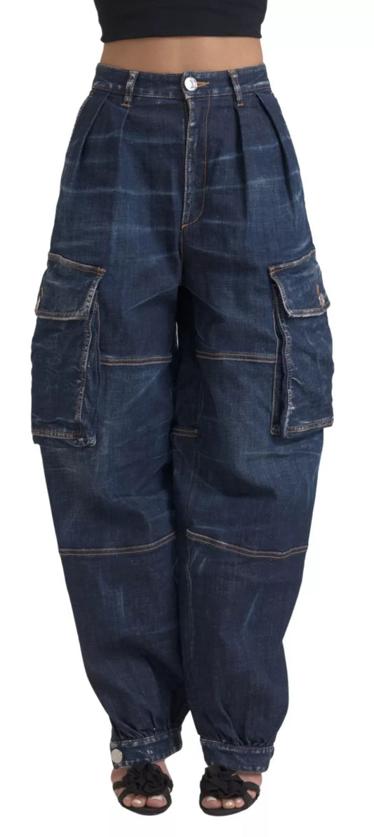 Blue High Waist Cotton Cargo Baggy Denim Jeans