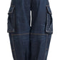 Blue High Waist Cotton Cargo Baggy Denim Jeans