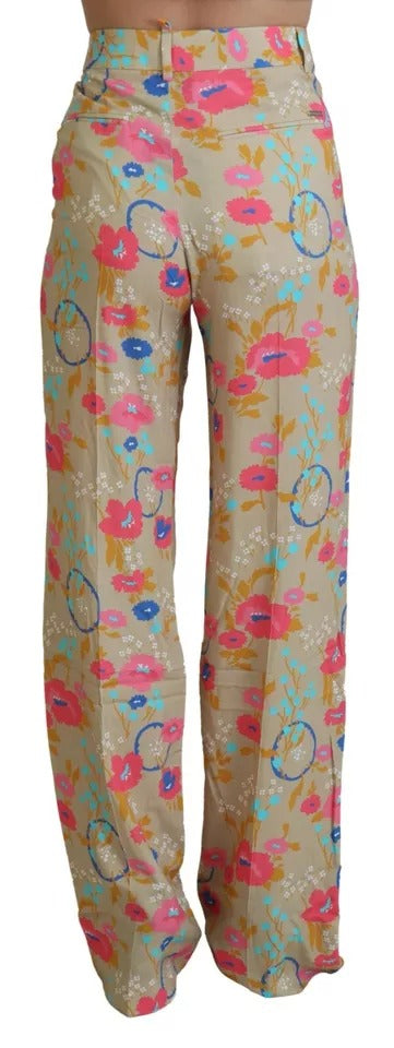 Beige Floral High Waist Straight Pants