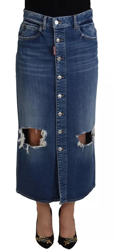 Blue Distressed High Waist Pencil Cut Denim Skirt