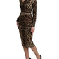 Brown Leopard Print Bodycon V-neck Midi Dress