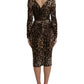 Brown Leopard Print Bodycon V-neck Midi Dress