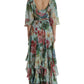 Blue Floral Print Tiered Long Maxi Dress