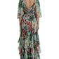 Blue Floral Print Tiered Long Maxi Dress