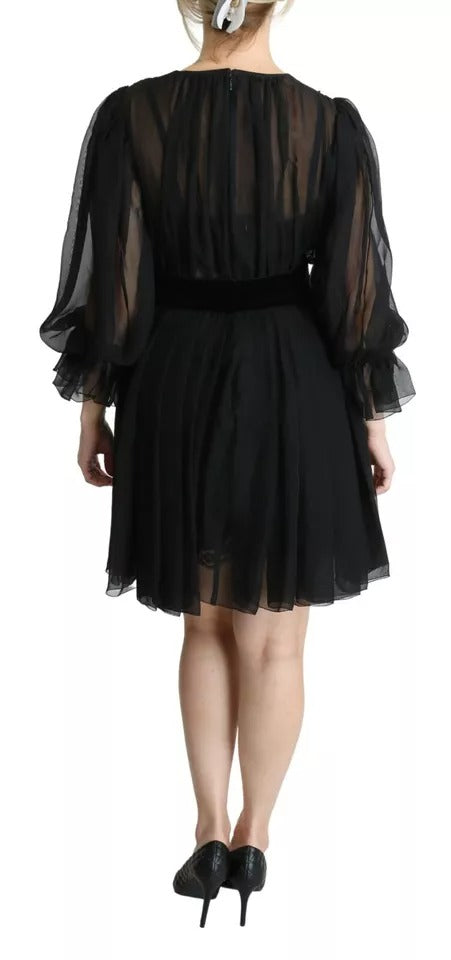 Black Mesh Pleated Mini Silk Blend Dress