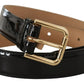 Black Leather Gold Metal Logo Engraved Buckle Belt