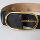 Black Leather Gold Oval Metal Buckle Belt