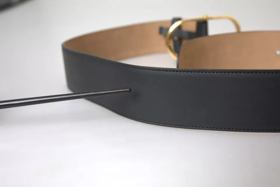 Black Leather Gold Oval Metal Buckle Belt