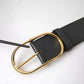 Black Leather Gold Oval Metal Buckle Belt