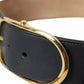 Black Leather Gold Oval Metal Buckle Belt